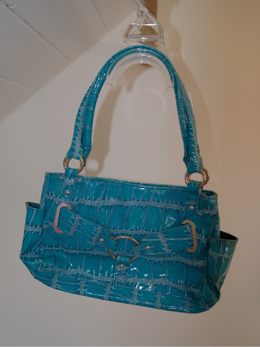 Y2K Turquoise Croc-Embossed Shoulder Bag